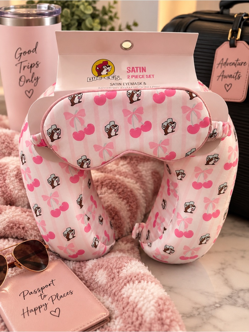 Buc-ee's Pink Satin Travel Neck Pillow & Eye Mask Set